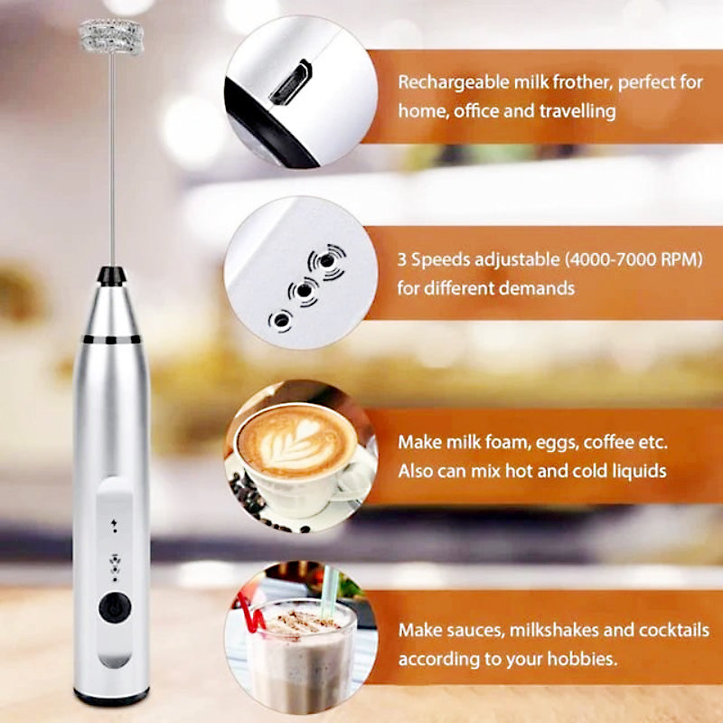 2-in-1 USB Rechargeable Milk Frother & Egg Beater – 3-Speed Handheld Electric Foam Maker